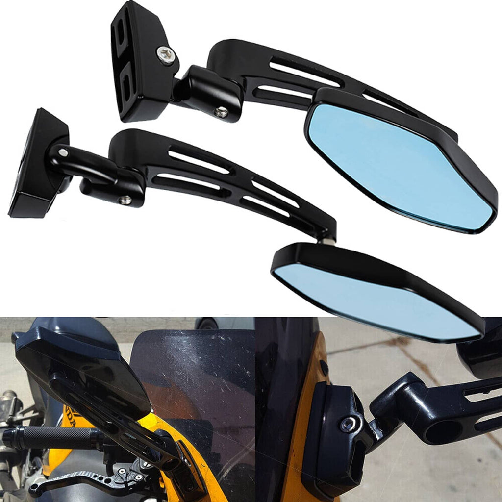 Black racing rearview mirrors with angled blue-tinted lenses and adjustable stems