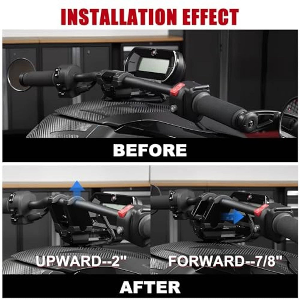 Black handlebar risers installed on motorcycle with before and after positioning