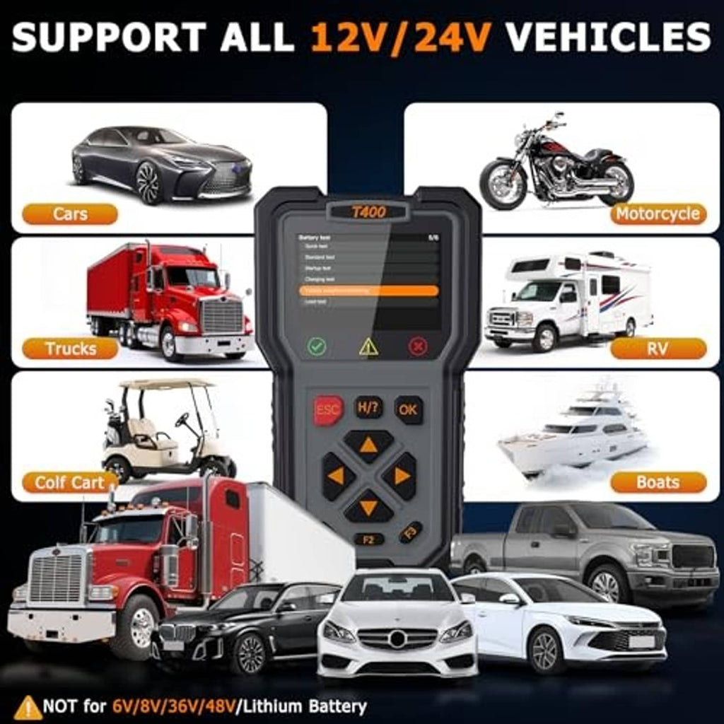 Handheld car diagnostic scanner and battery tester with 12V/24V vehicle support graphic