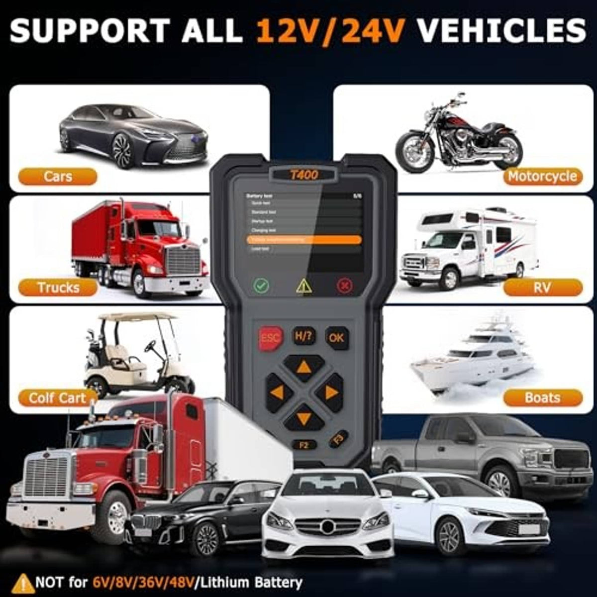 Handheld car diagnostic scanner and battery tester with 12V/24V vehicle support graphic