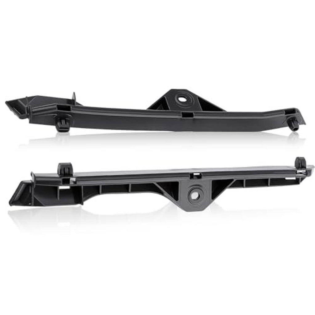 Front bumper retainer bracket, black plastic with mounting hole, tabs, and end clips