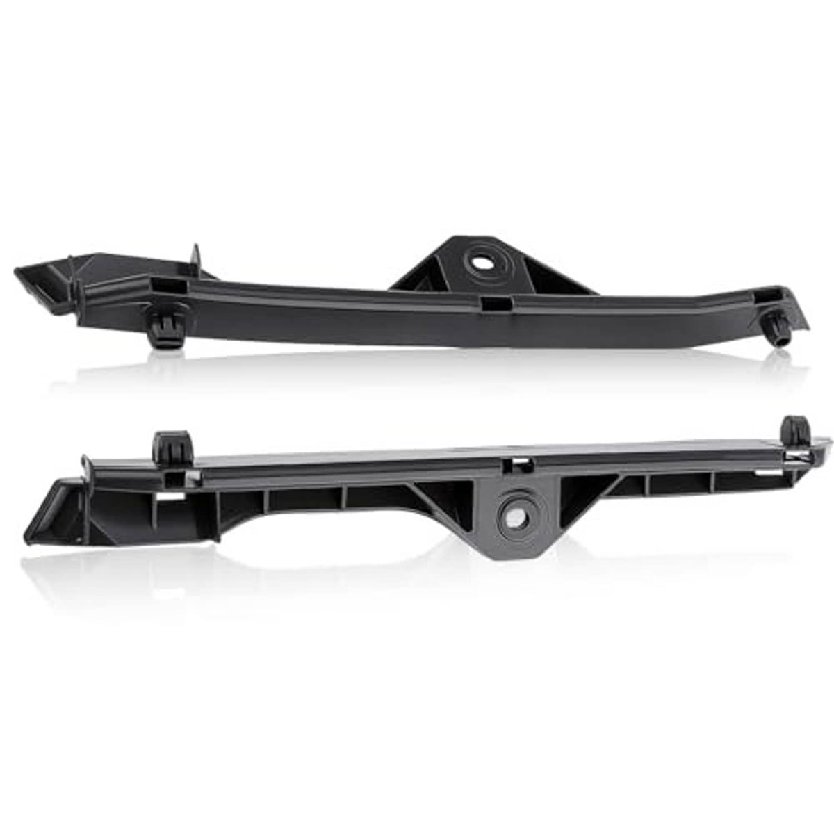 Front bumper retainer bracket, black plastic with mounting hole, tabs, and end clips