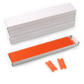Plastic double-edged razor blade refills, orange strips in open box