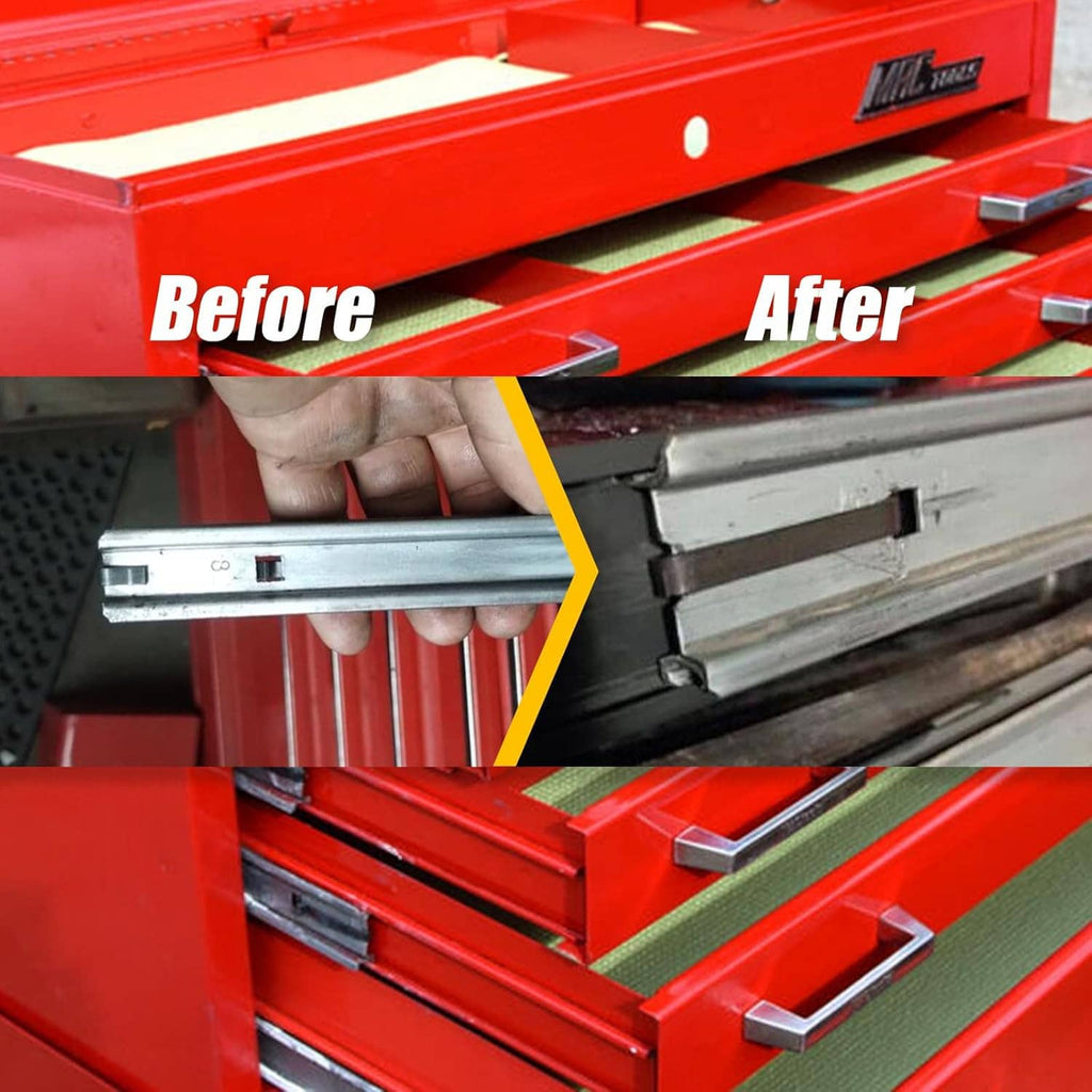 Hand installing a drawer slide retaining clip on a metal drawer rail