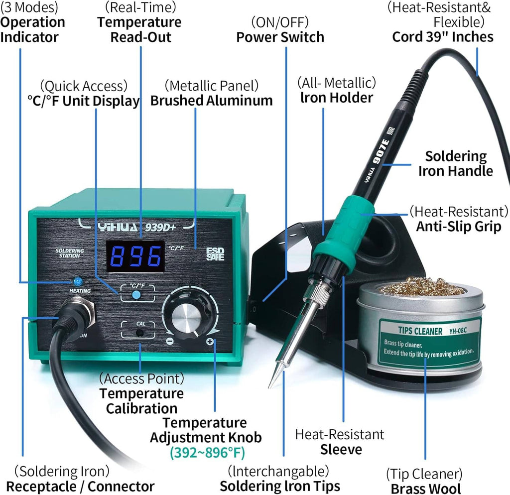 Digital soldering station front panel with knobs, power switch, temperature controls, and indicator icons