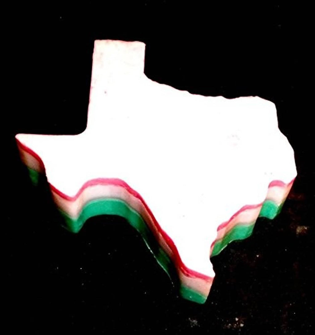 Texas-shaped white block with red, green, and gold stripes