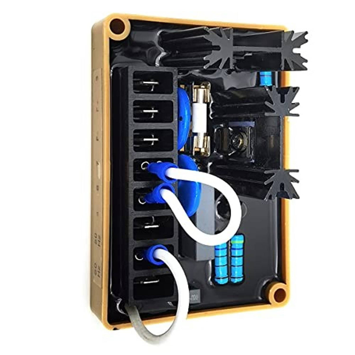Automatic voltage regulator module with black components, blue wires, and terminal blocks