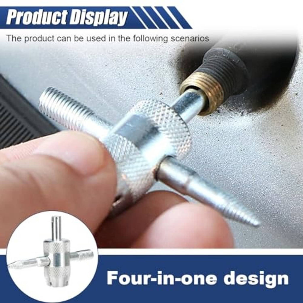 Metal 4-in-1 tire valve core tool with knurled grip and four prongs