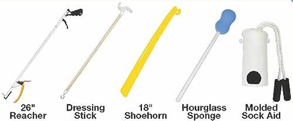 Dressing aid tools set: reacher, dressing stick, shoehorn, hourglass sponge, sock aid