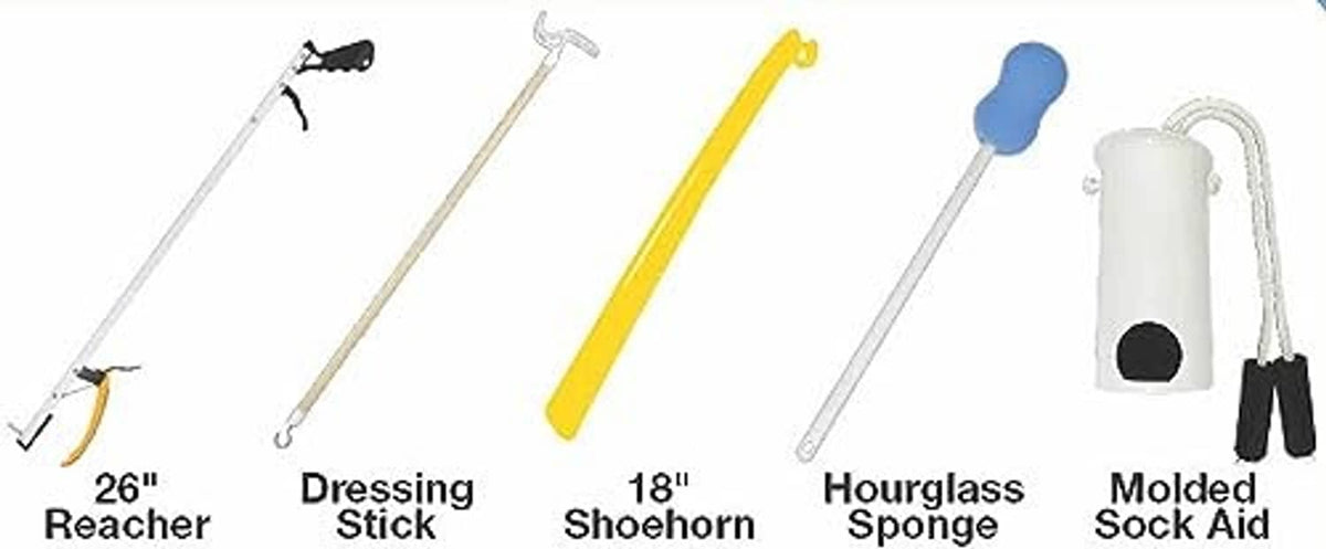 Dressing aid tools set: reacher, dressing stick, shoehorn, hourglass sponge, sock aid