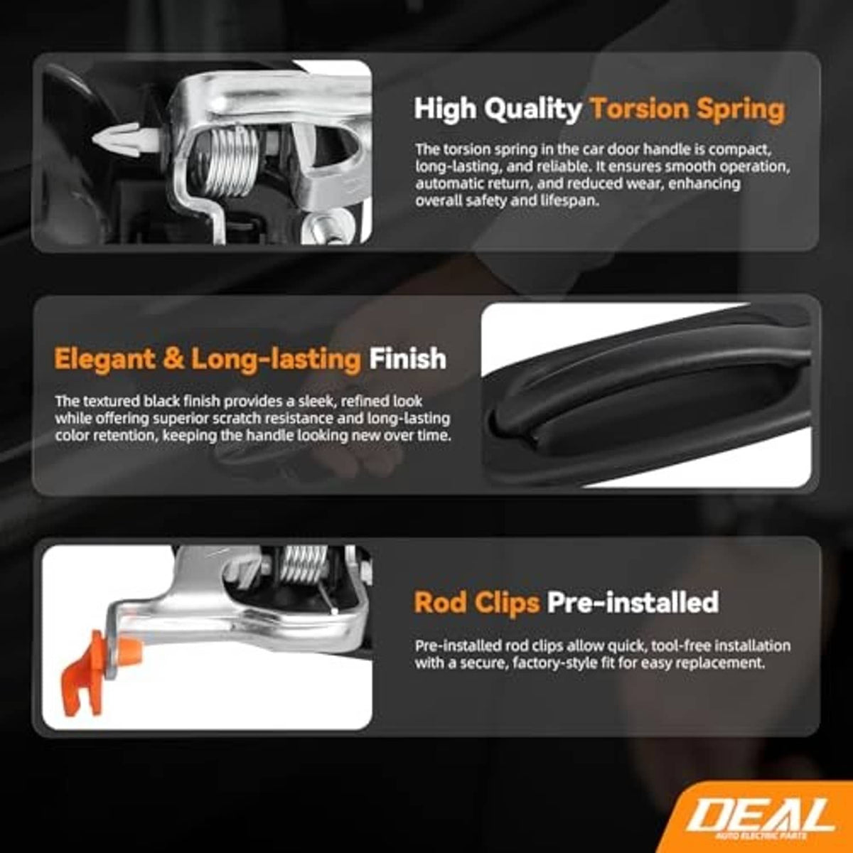Rear door handle infographic highlighting torsion spring and textured black finish