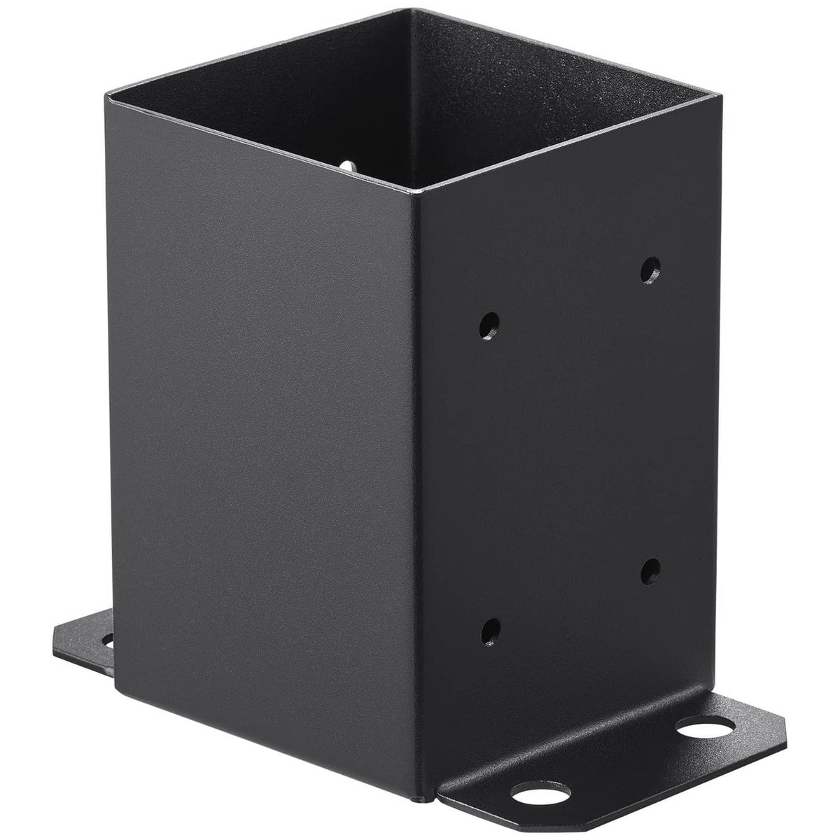 Fence post base bracket, dark metal corner with mounting holes and four-way base tabs