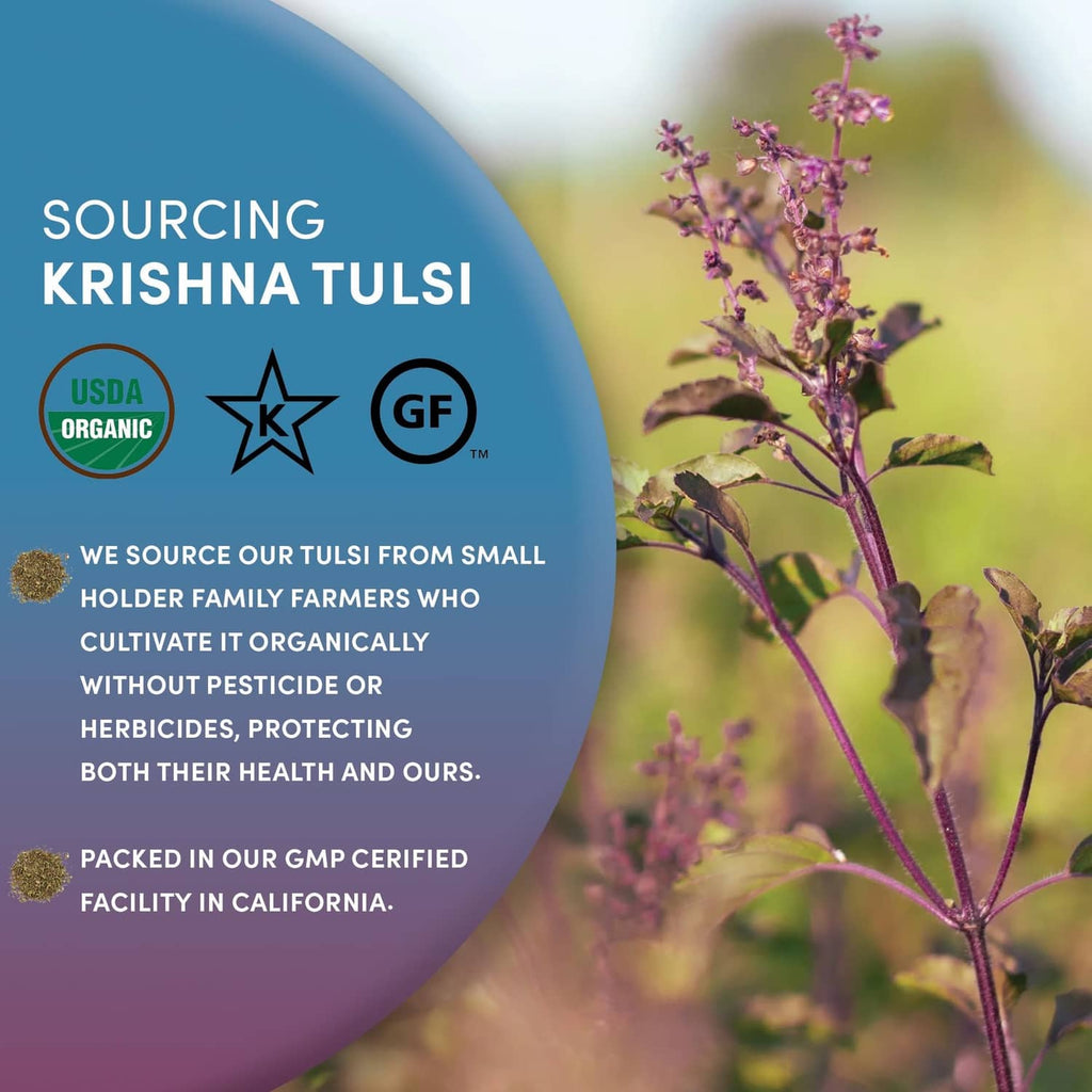 Krishna Tulsi tea sourcing infographic: USDA organic, Gf certification icons