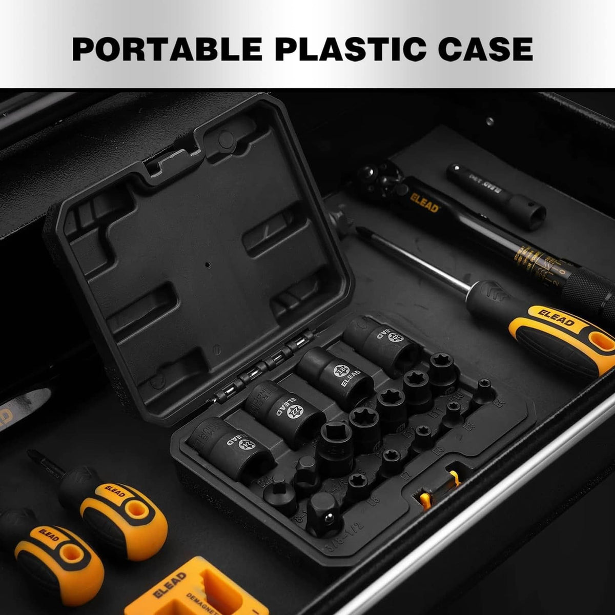 Portable plastic case open with black E-torx sockets, extensions, and ratchet