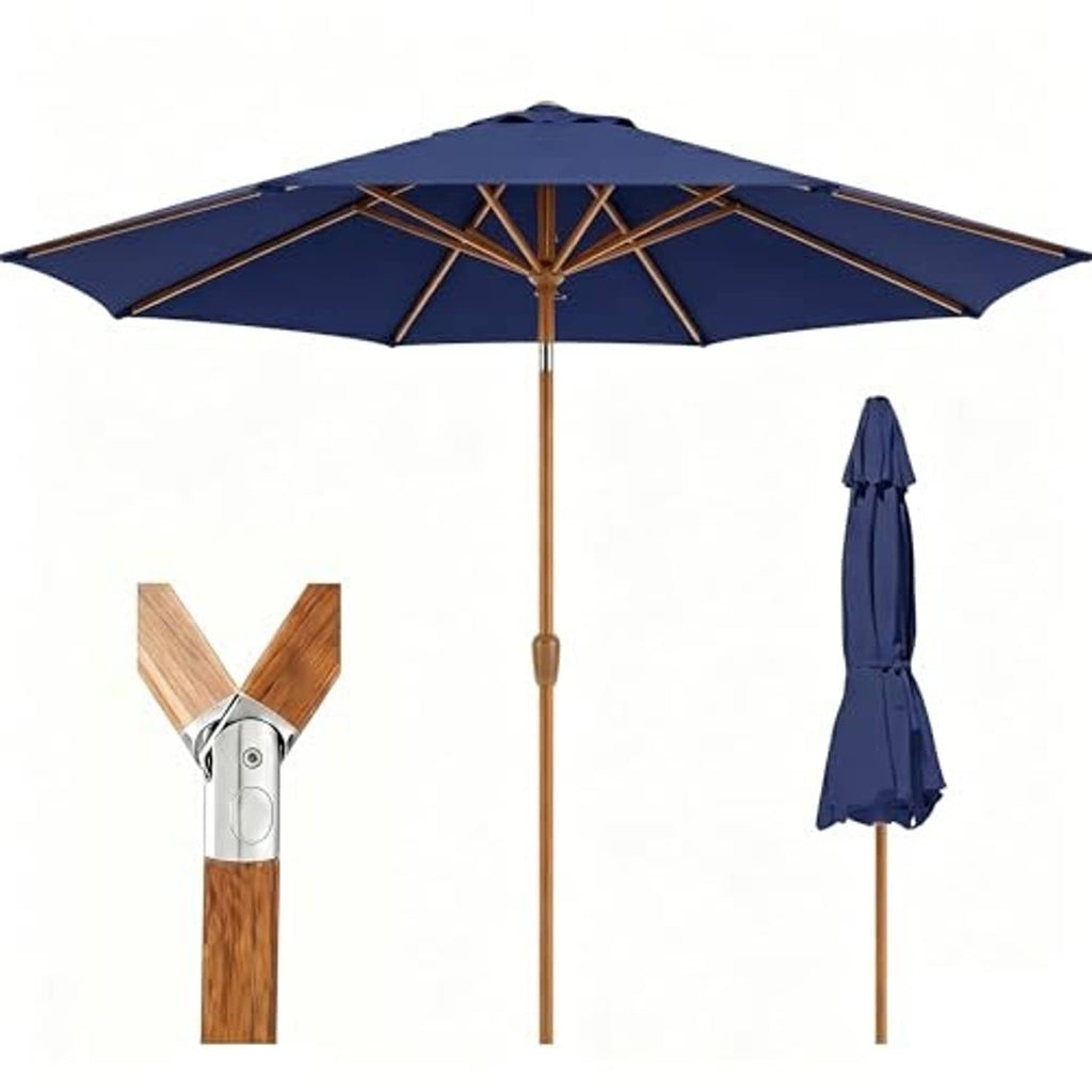 Navy 9ft patio umbrella with wooden pole, cross ribs, and closed cover