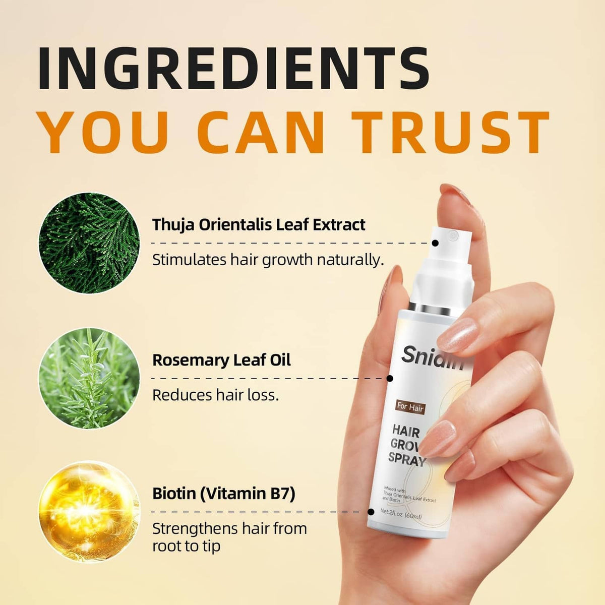 Hair growth spray bottle in hand with rosemary and leaf-oil ingredient icons