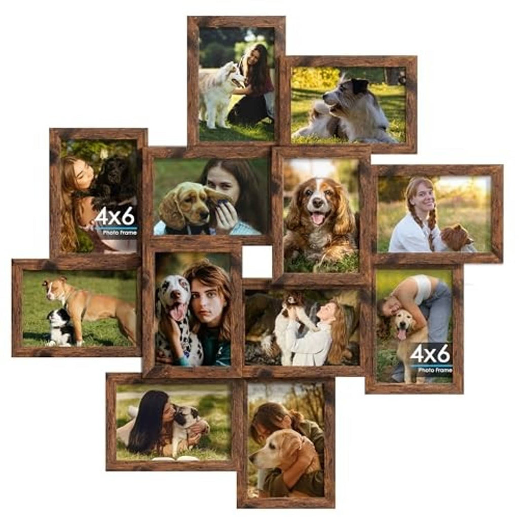 Brown wooden 4x6 collage photo frames showing multiple pet and portrait photos