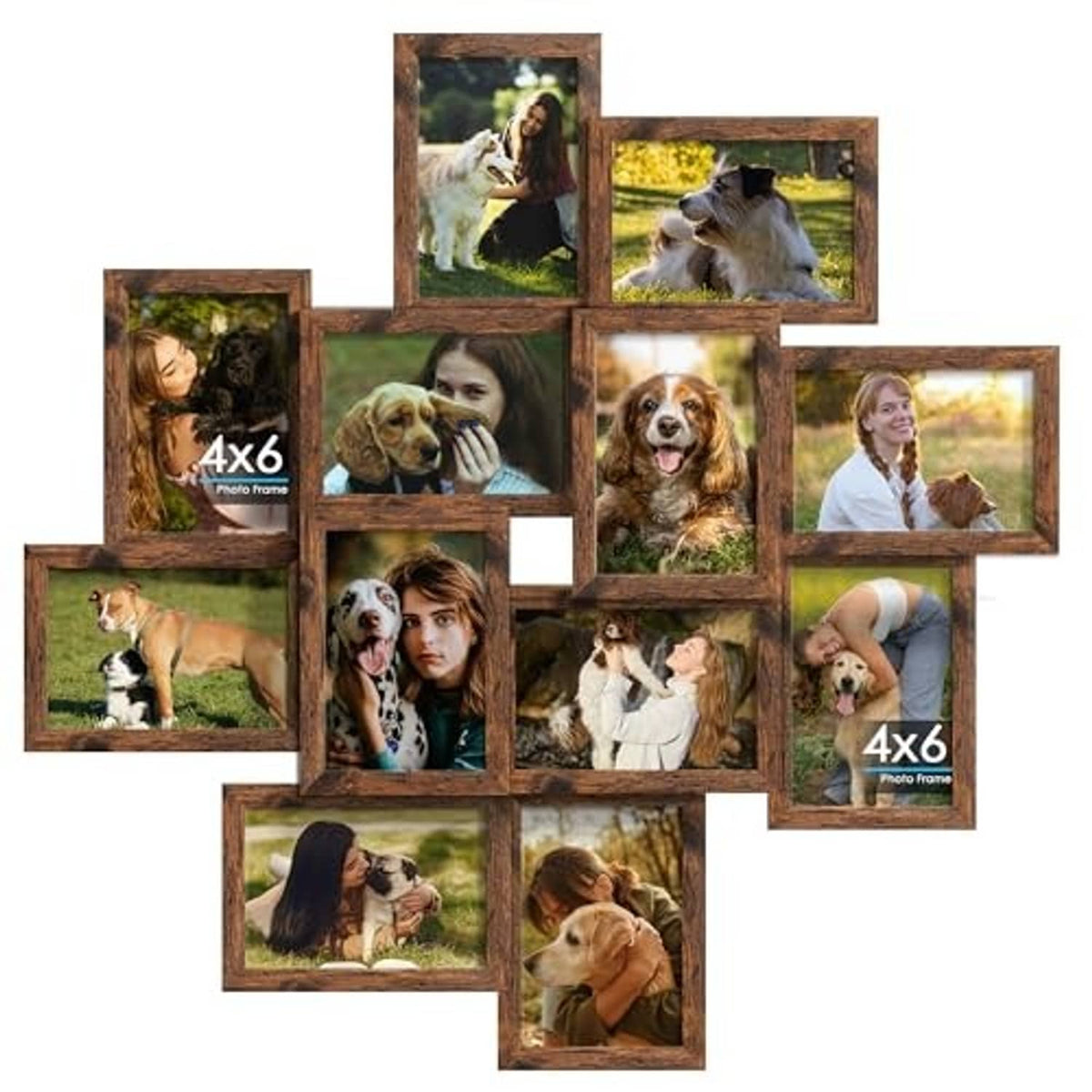 Brown wooden 4x6 collage photo frames showing multiple pet and portrait photos