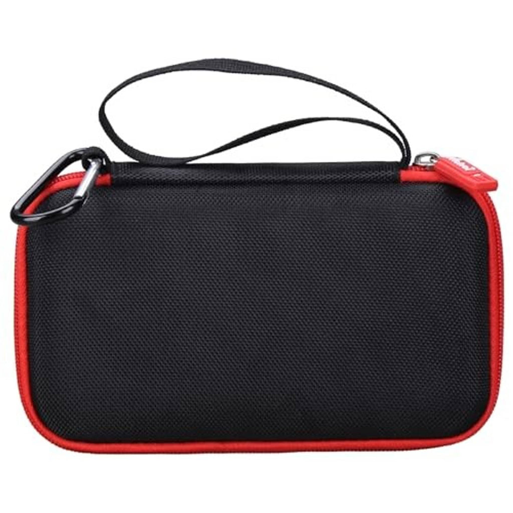 Black hard EVA zip case with red trim and top handle strap for carrying.