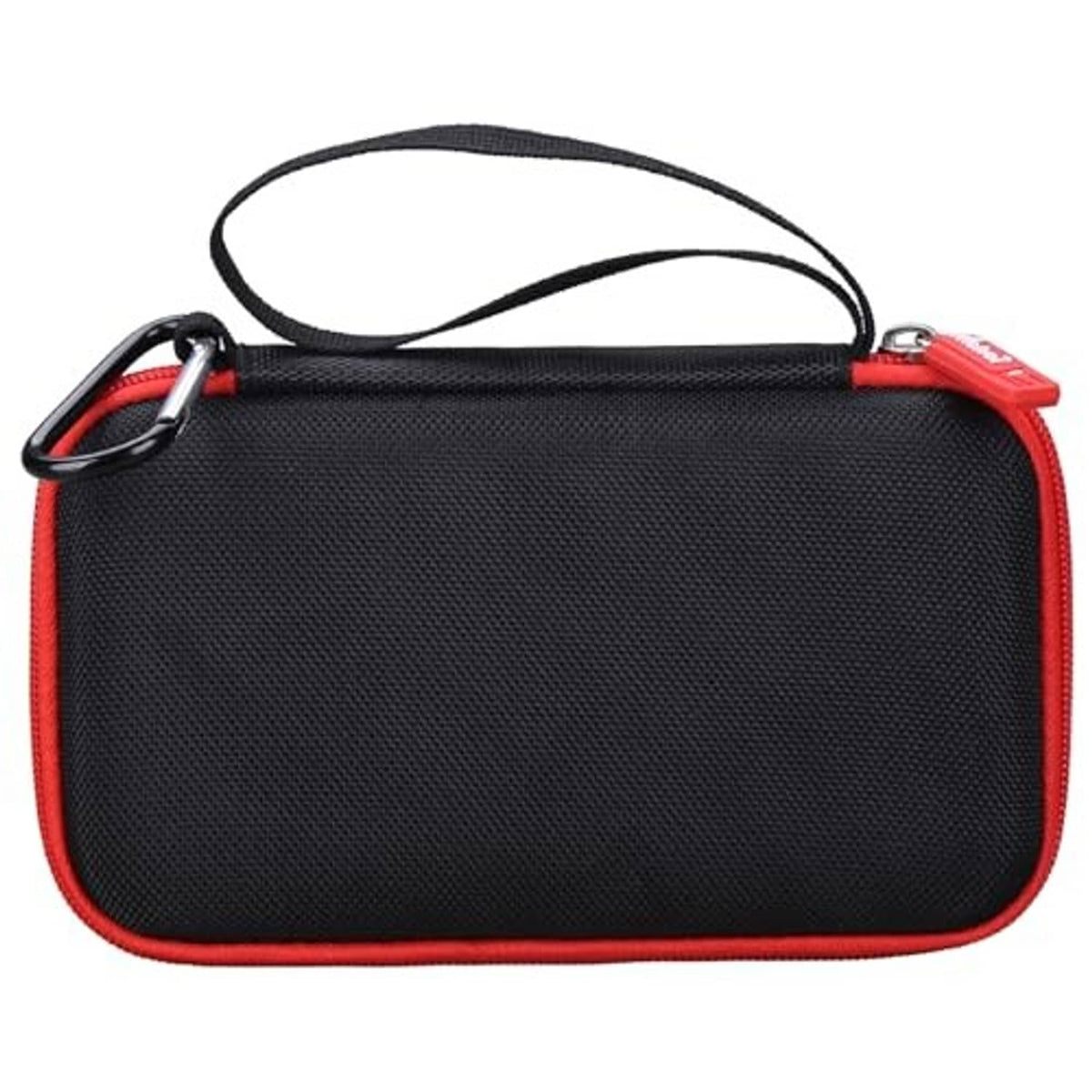 Black hard EVA zip case with red trim and top handle strap for carrying.
