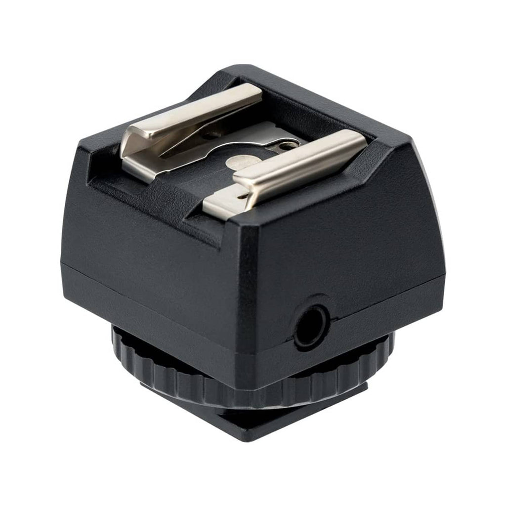 Black hot shoe adapter with exposed metal contacts and sync connector