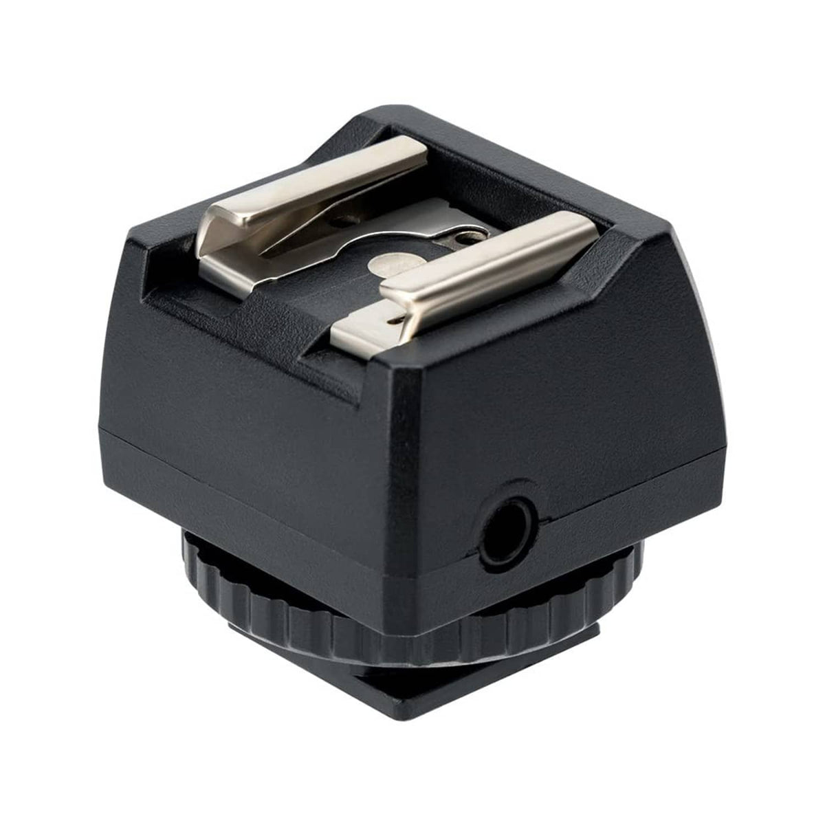 Black hot shoe adapter with exposed metal contacts and sync connector