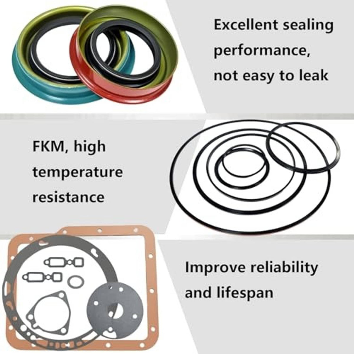 FKM seal kit close-up with green and red O-rings and paper gasket for oil sealing
