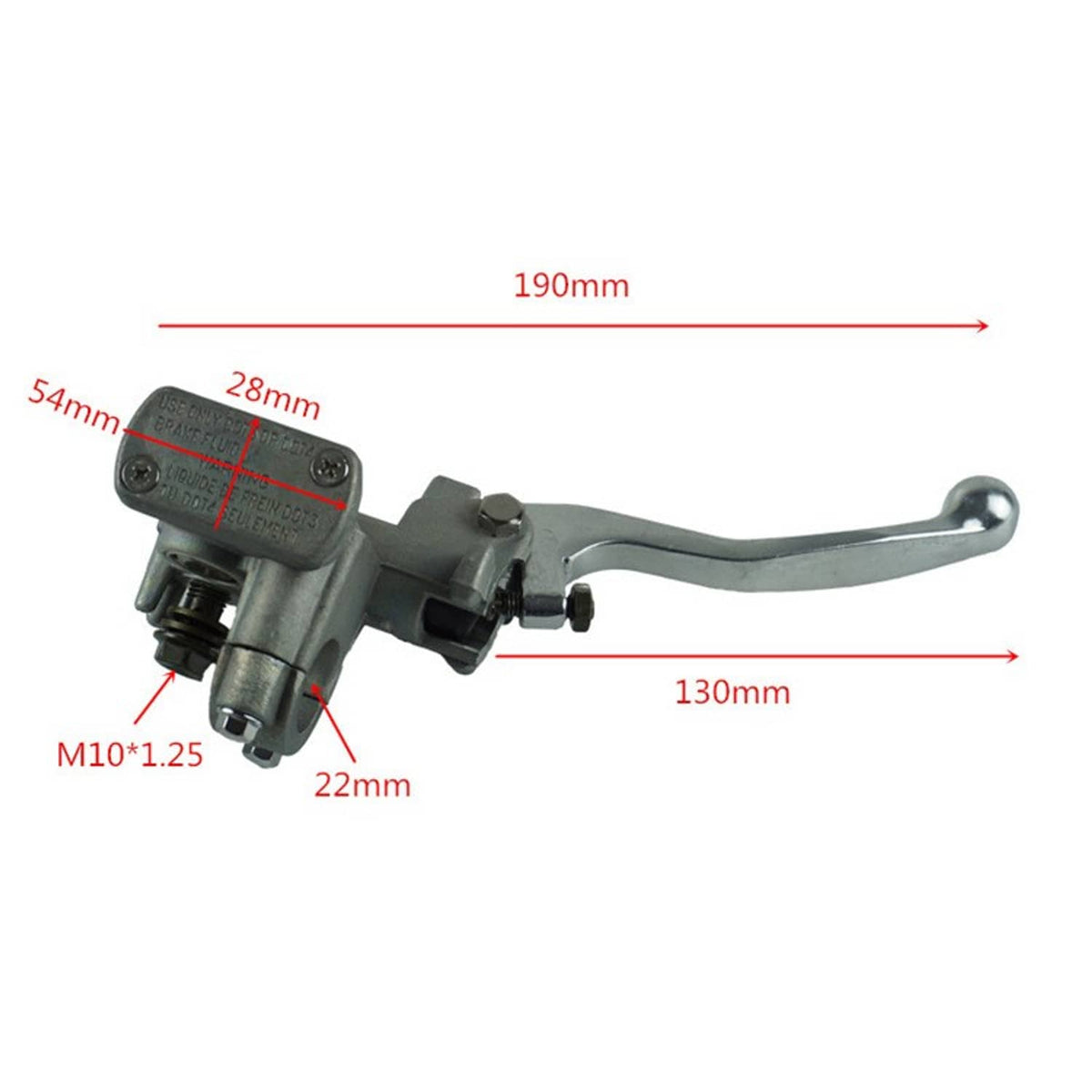 Brake master cylinder with silver lever and mounting details, gray metal body