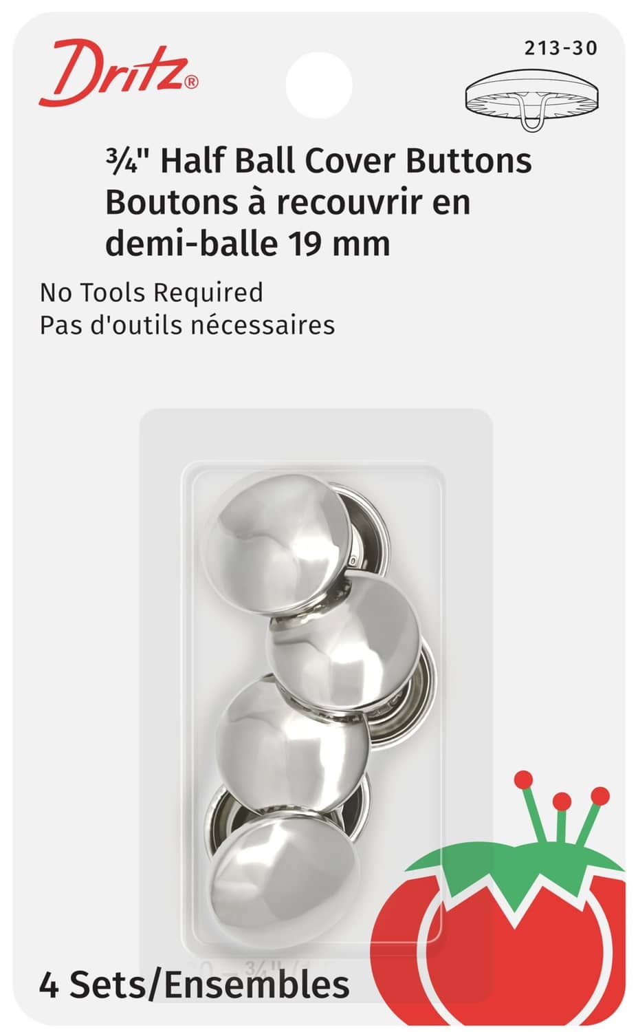 Nickel half-ball cover buttons, 3/4-inch, four sets in clear package
