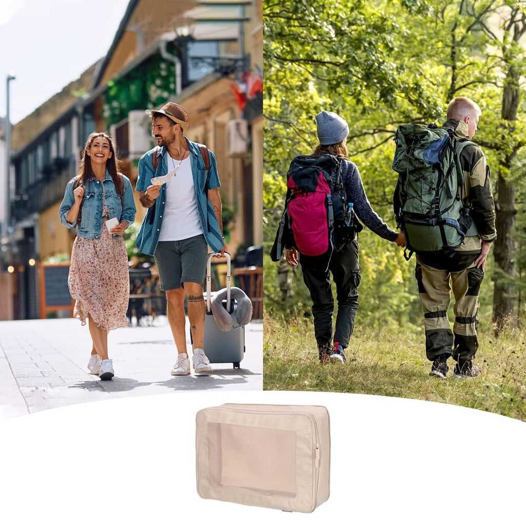 Beige compression packing cube with mesh front panel and zip closure