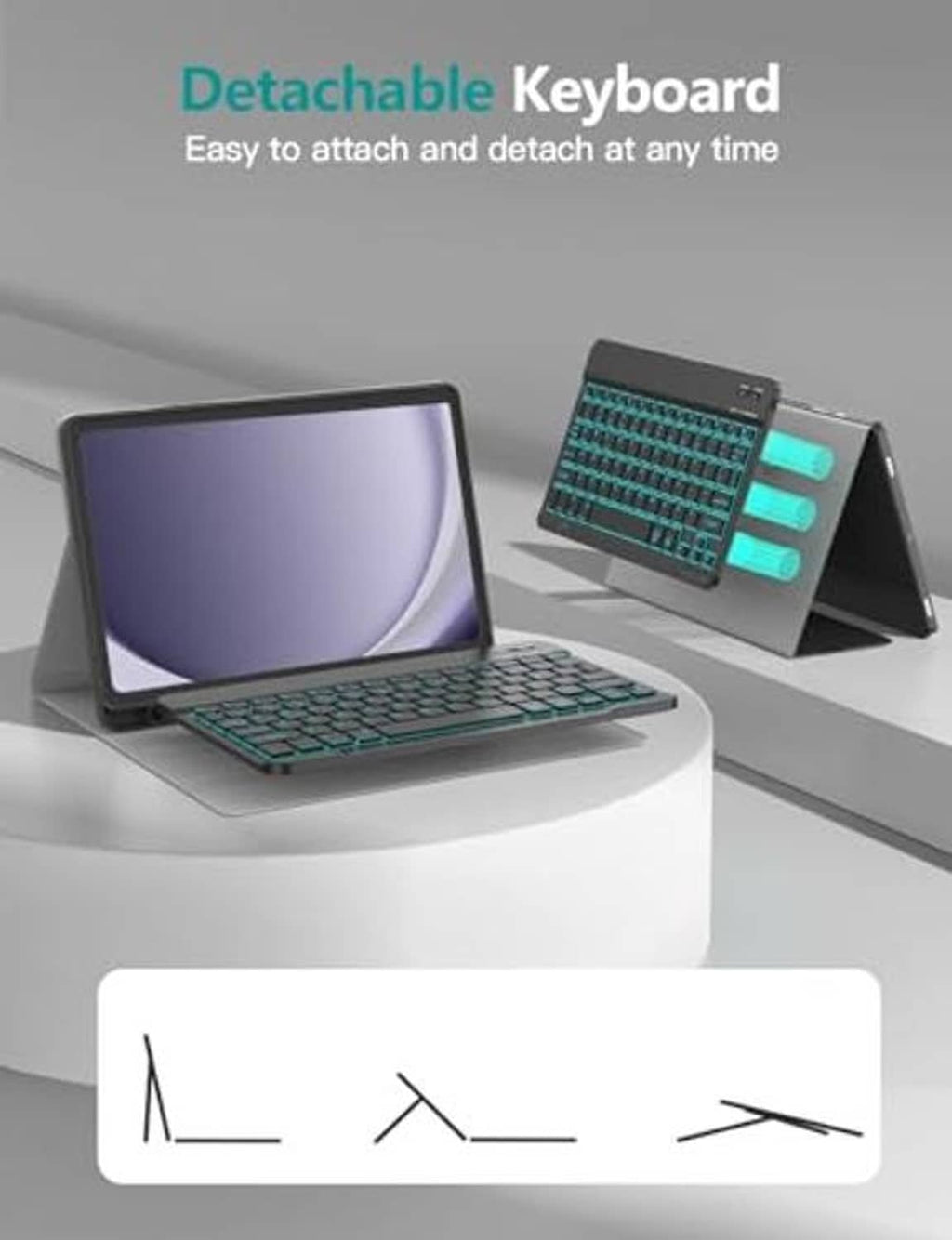 Detachable black backlit keyboard for tablet with green glowing keys on stand