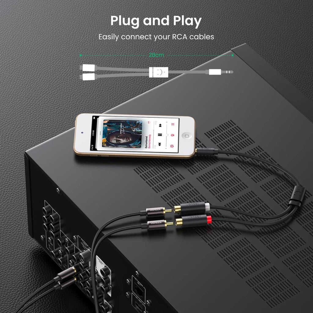 Black plug-and-play 3.5mm to 2 RCA Y audio adapter cable with gold connectors