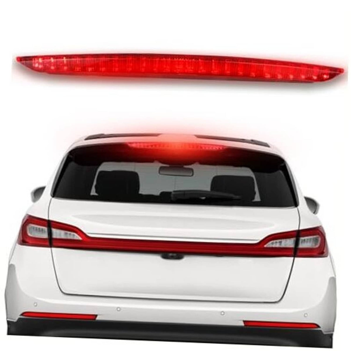 LED third brake light with red lens, mounted on rear hatch of a white SUV