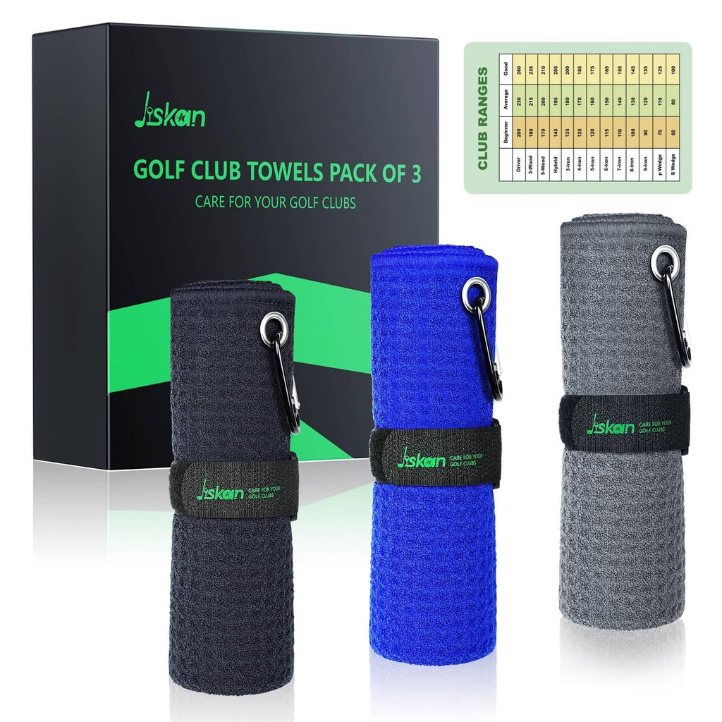 Jiskan golf club towels set: blue, black, and gray microfiber rolls with carabiner clips