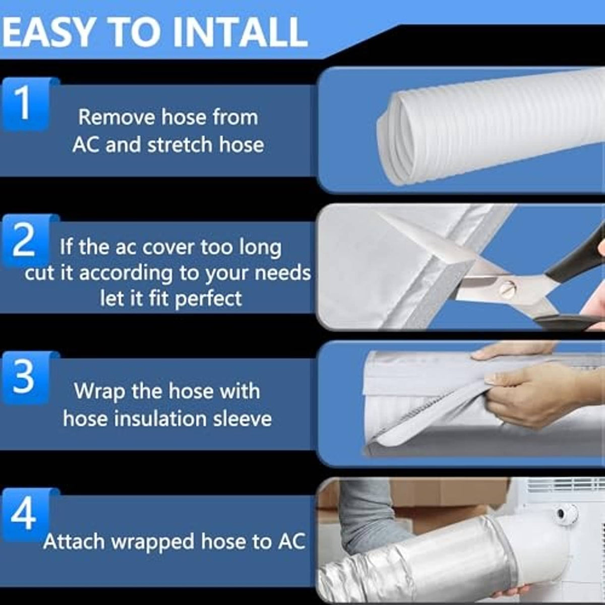 AC hose insulation sleeve being wrapped around and attached to a portable duct