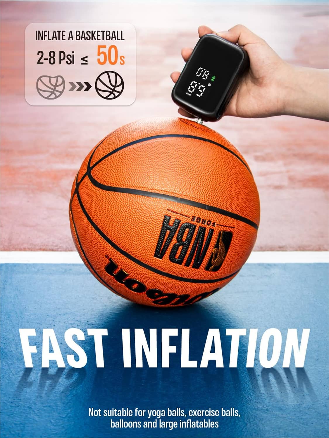 Hand holding black electric mini ball pump inflating an orange basketball