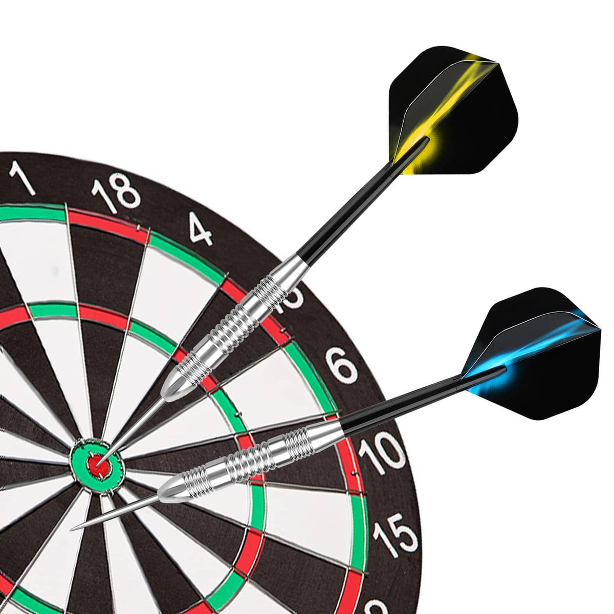 Two metal-tip darts stuck in a dartboard with black flights and neon yellow and blue accents
