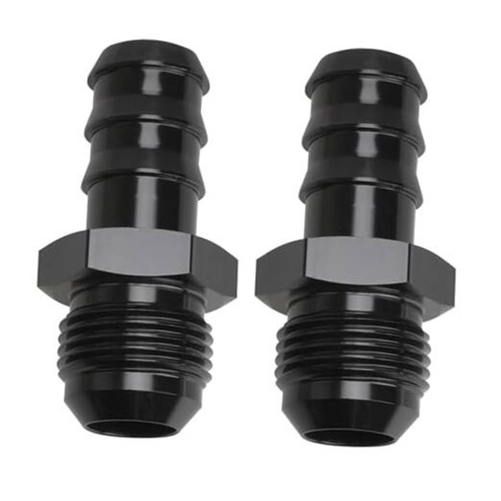 Pair of black AN hose barb fittings, male threads, hex base, straight 5/8 barb