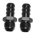 Pair of black AN hose barb fittings, male threads, hex base, straight 5/8 barb