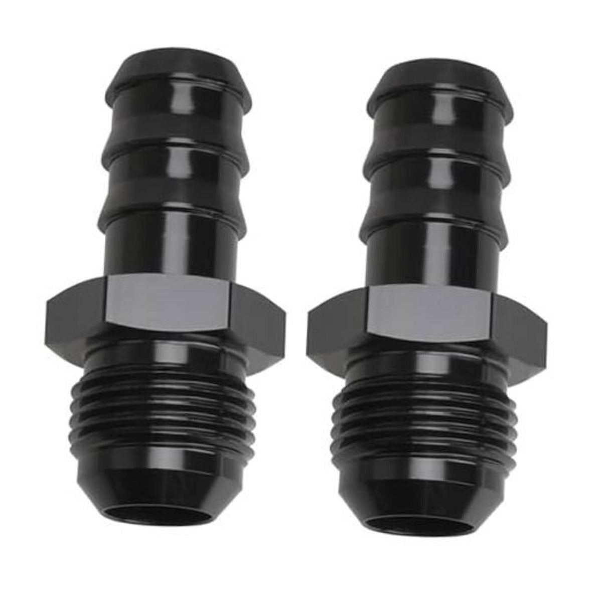 Pair of black AN hose barb fittings, male threads, hex base, straight 5/8 barb