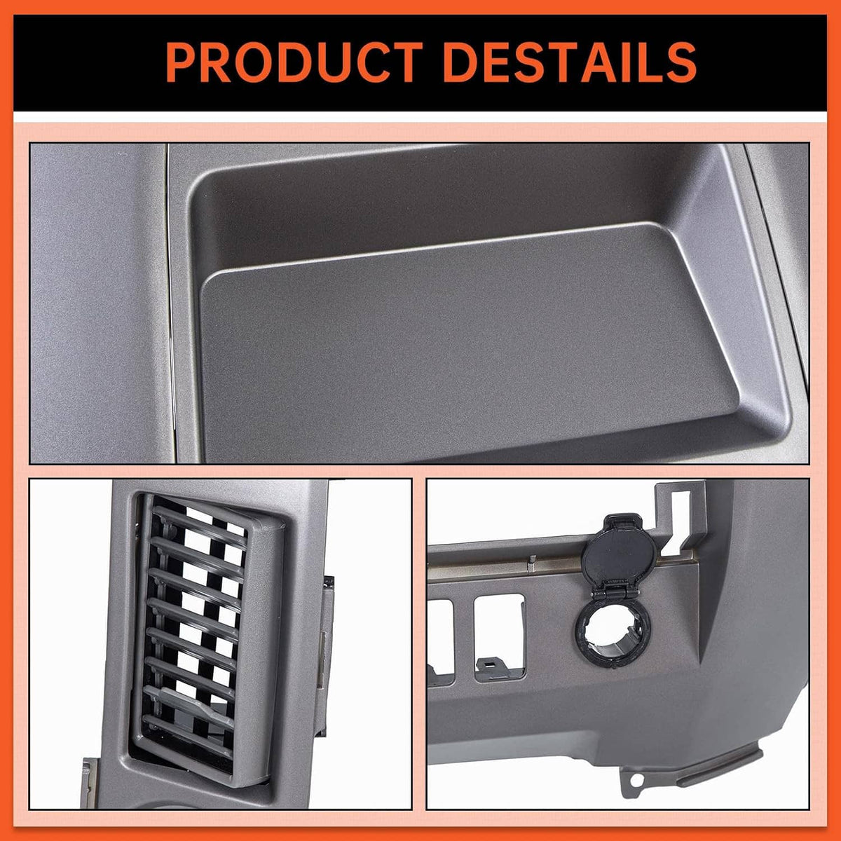 Dark gray center dash instrument panel bezel details with vent grille and round knob cutout