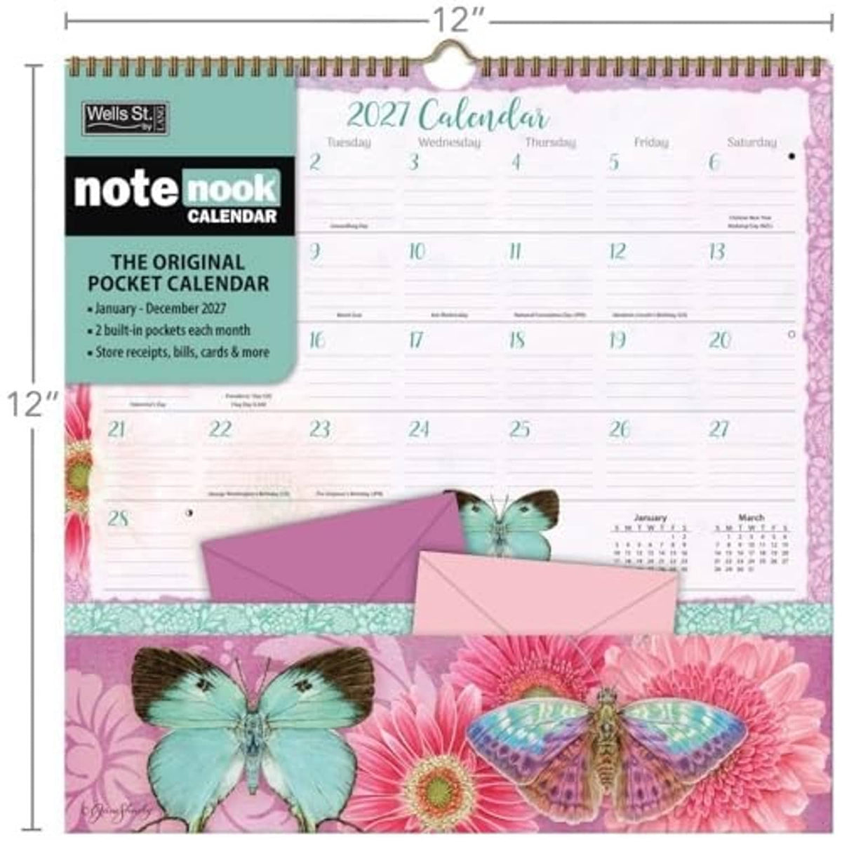 Butterflies 2027 pocket calendar with pastel envelopes and butterfly art, Note Nook by Jane Shasky