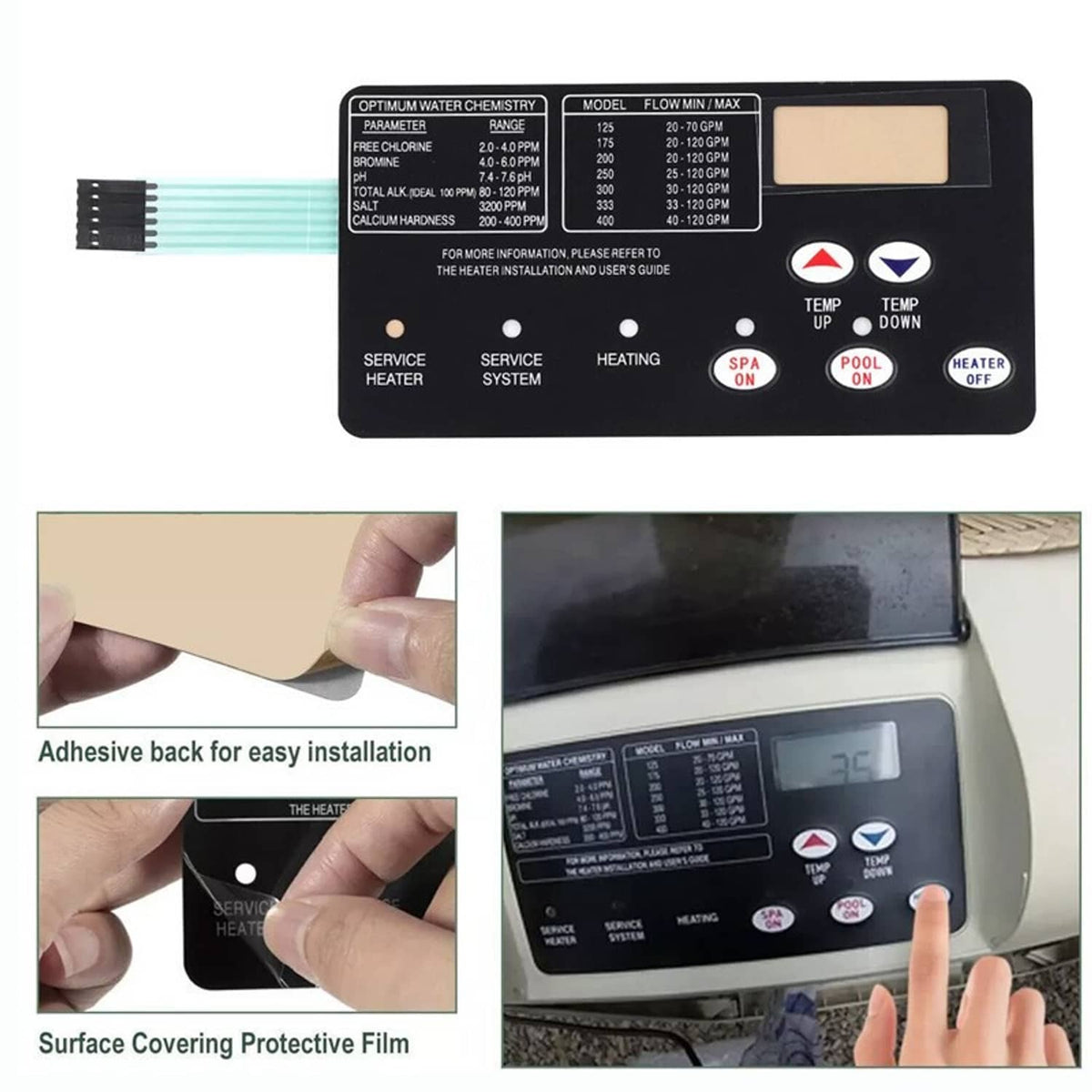 Pentair control membrane panel with adhesive installation backing and temperature buttons