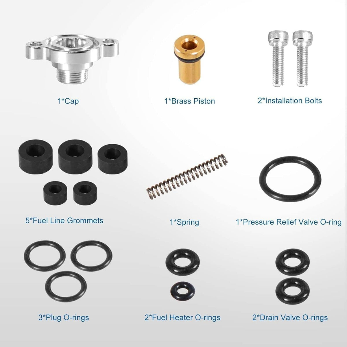 Fuel pressure regulator kit with brass piston cap, blue spring, and multiple O-rings