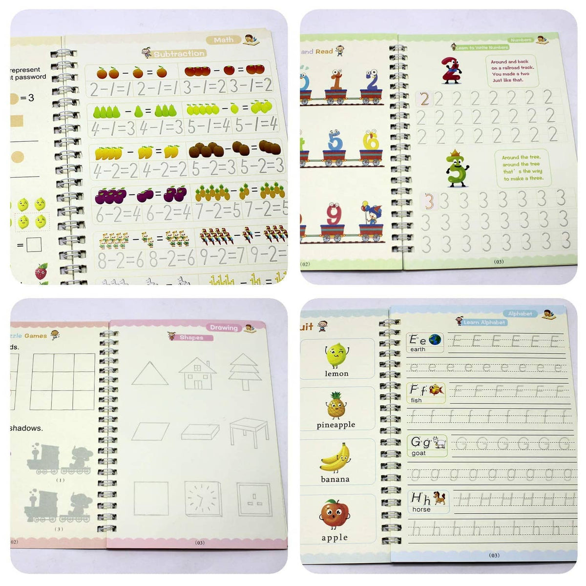 Set of kids' spiral copybooks with picture guides and handwriting practice pages
