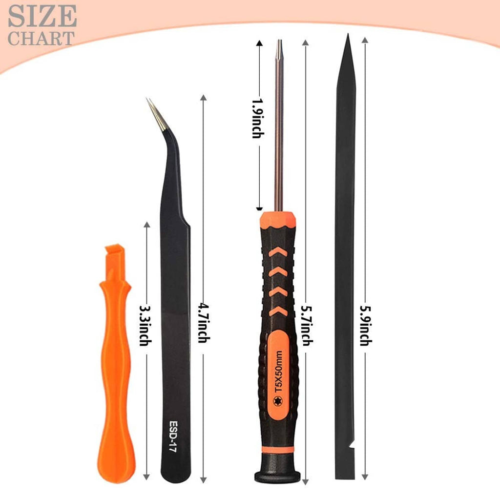 Precision repair tools set with orange P5 screwdriver, curved tweezers, and long pry tool