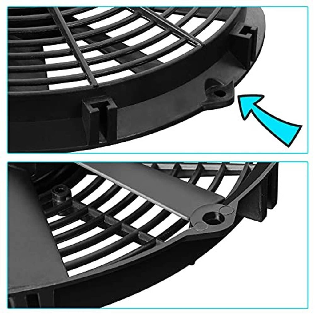 Close-up of black fan housing with curved blade grille and reinforced mounting tabs