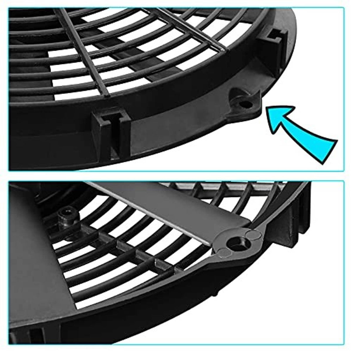 Close-up of black fan housing with curved blade grille and reinforced mounting tabs