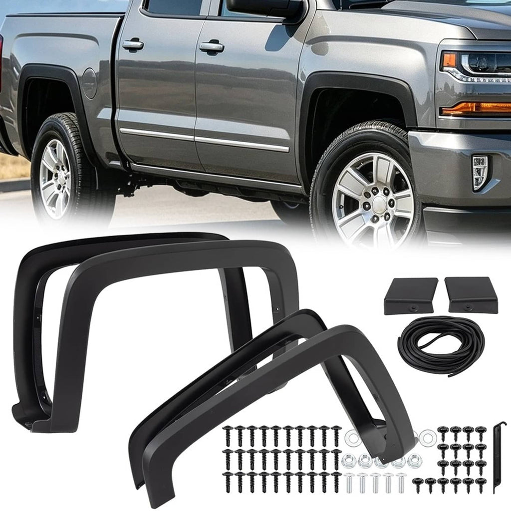Installed black fender flares on pickup, plus flare pieces, clamps, and hardware