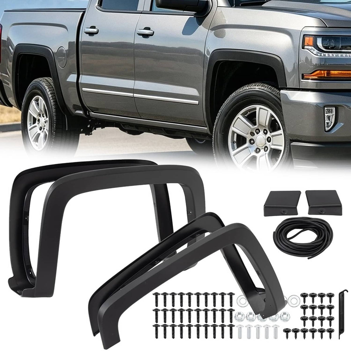 Installed black fender flares on pickup, plus flare pieces, clamps, and hardware